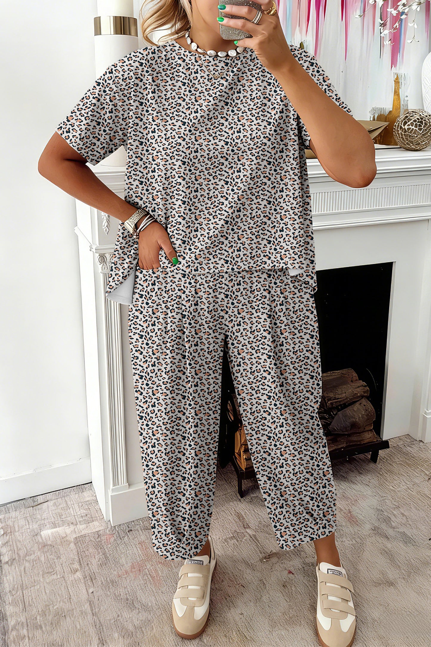 Brown Leopard Loose Tee Drawstring Waist Barrel Pants Set