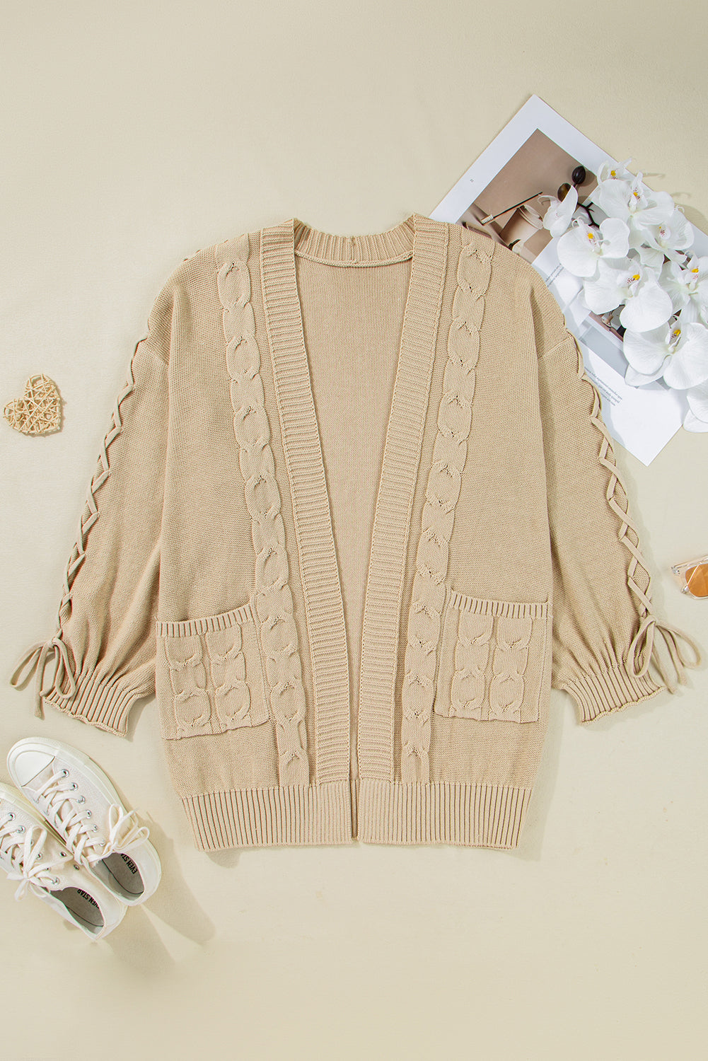 Parchment Cable Knit Braided Tie Sleeve Plus Size Knit Cardigan