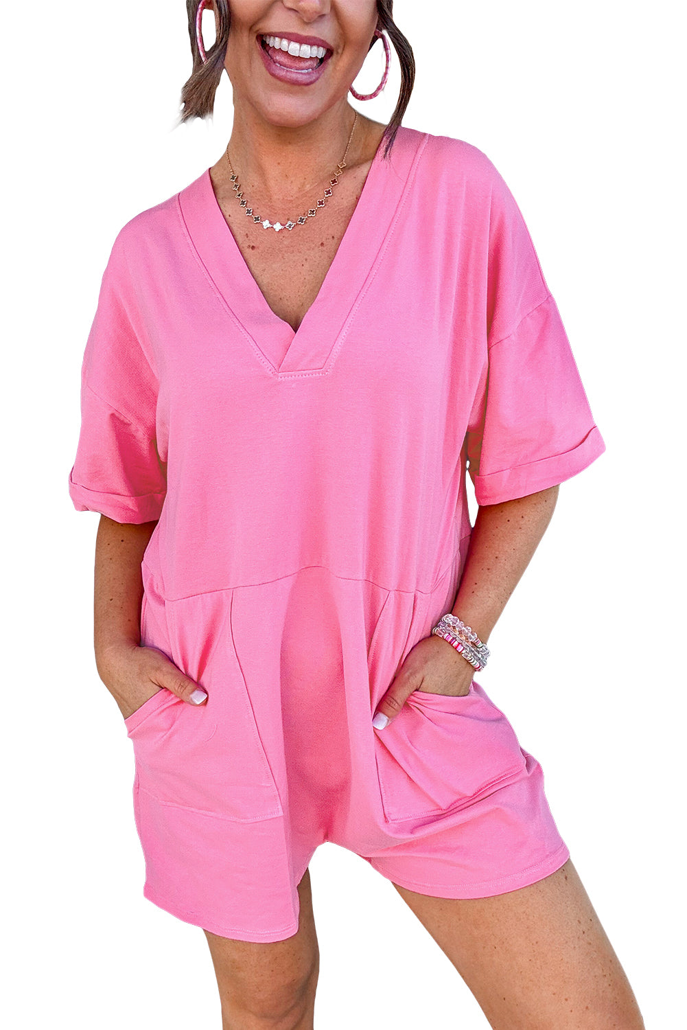 Myosotis Loose Half Sleeve V Neck Plain Romper