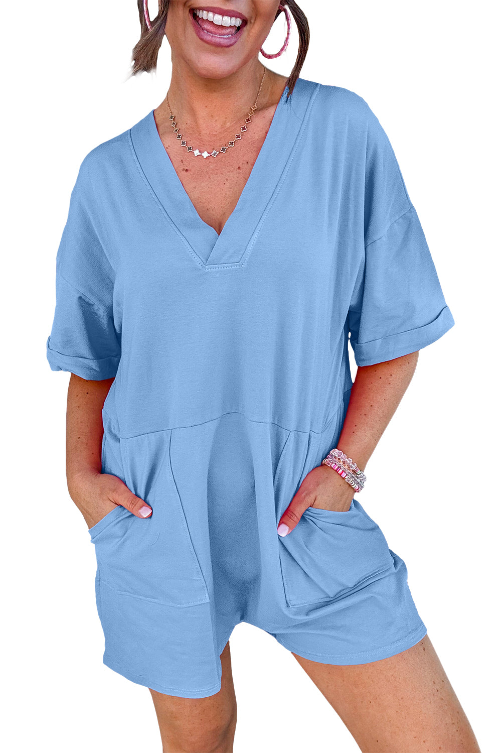 Myosotis Loose Half Sleeve V Neck Plain Romper