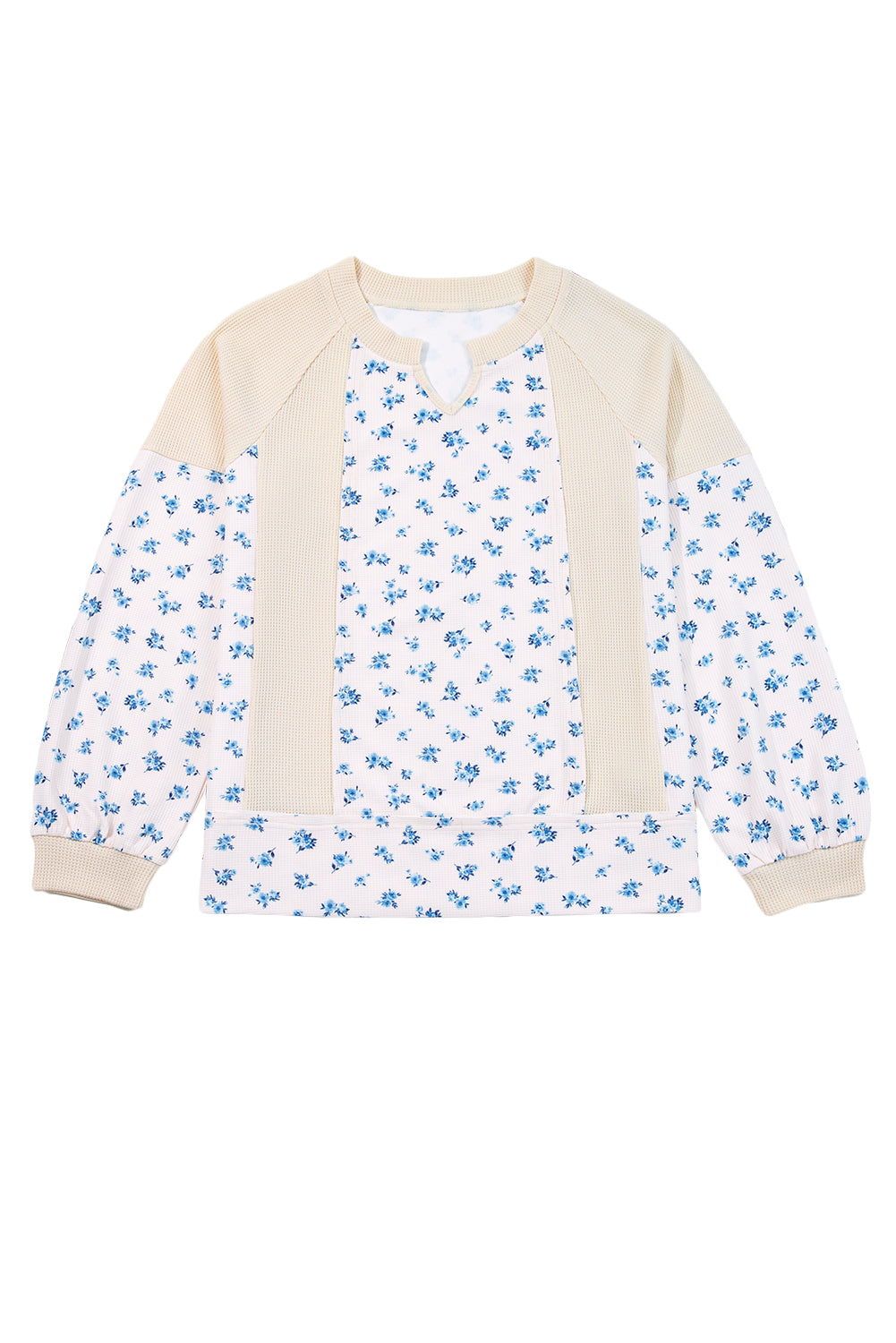 Beige Floral Print Waffle Patchwork Balloon Sleeve V Neck Oversized Top