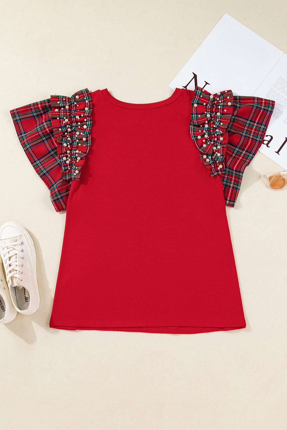 Racing Red Plaid Pearl Ruffled Sleeve Knitted Christmas Holiday Plus Size Top