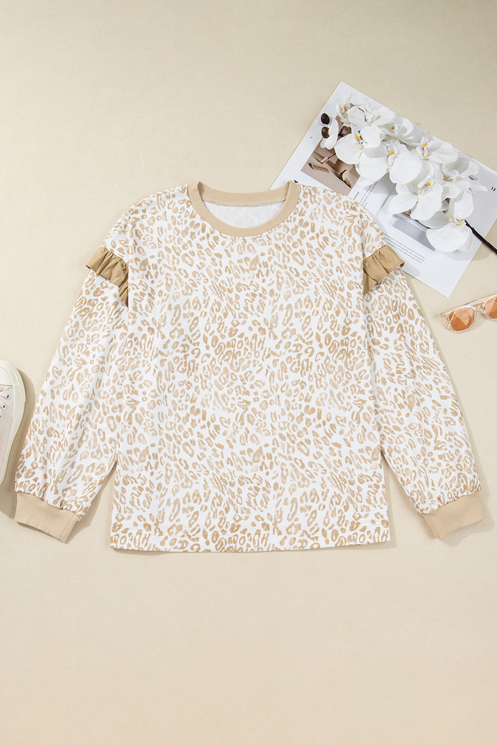 Khaki Plus Size Ruffle Arm Leopard Sweatshirt