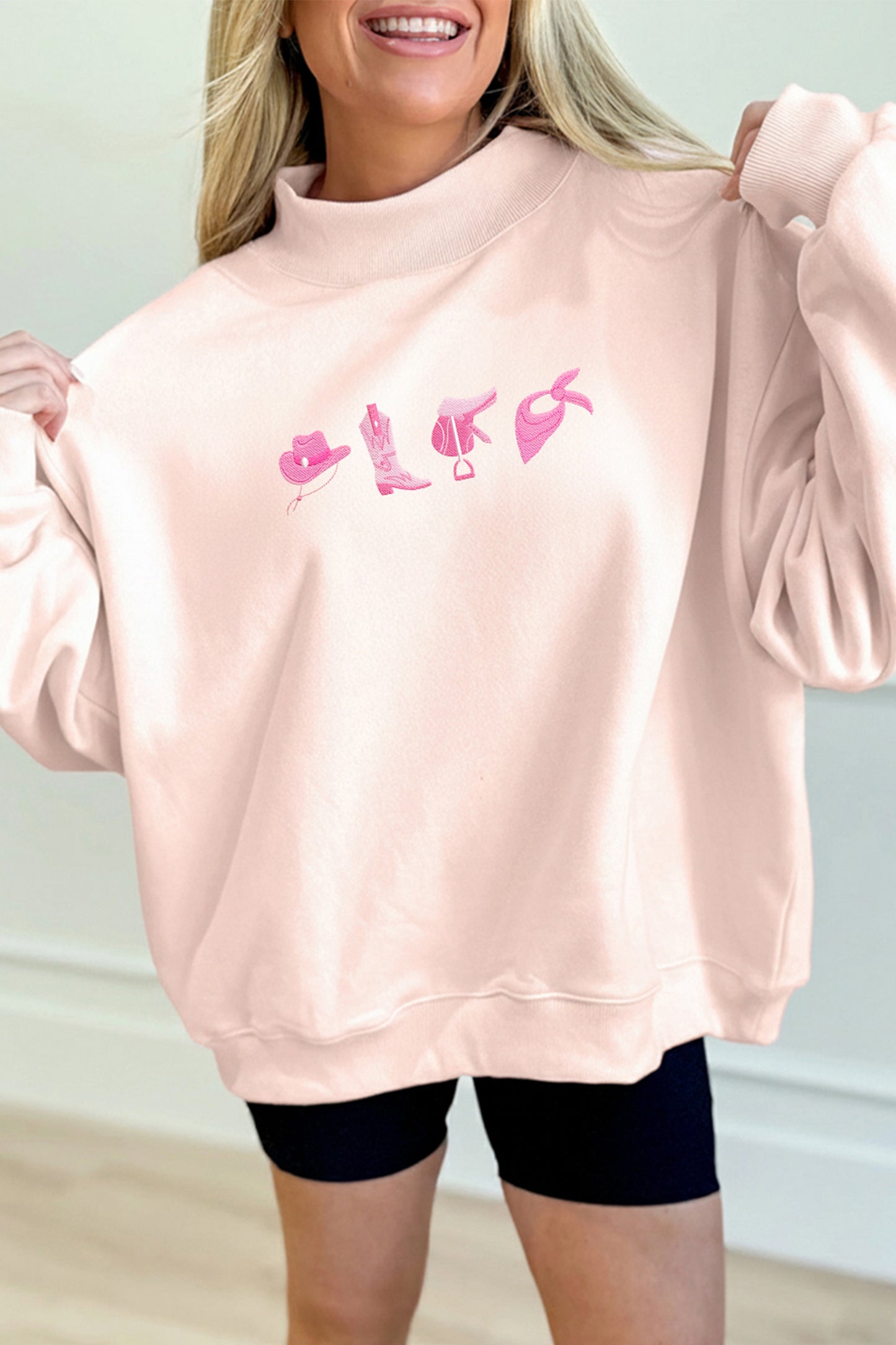 Apricot Pink Cowgirl Element Embroidered Detail Mock Neck Sweatshirt