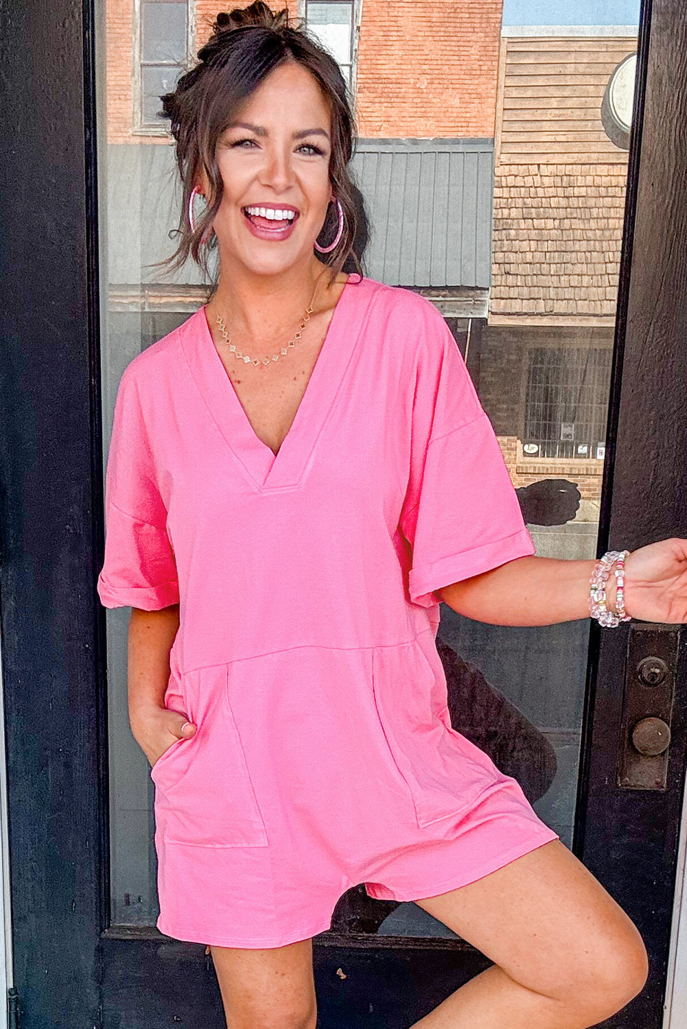 Myosotis Loose Half Sleeve V Neck Plain Romper