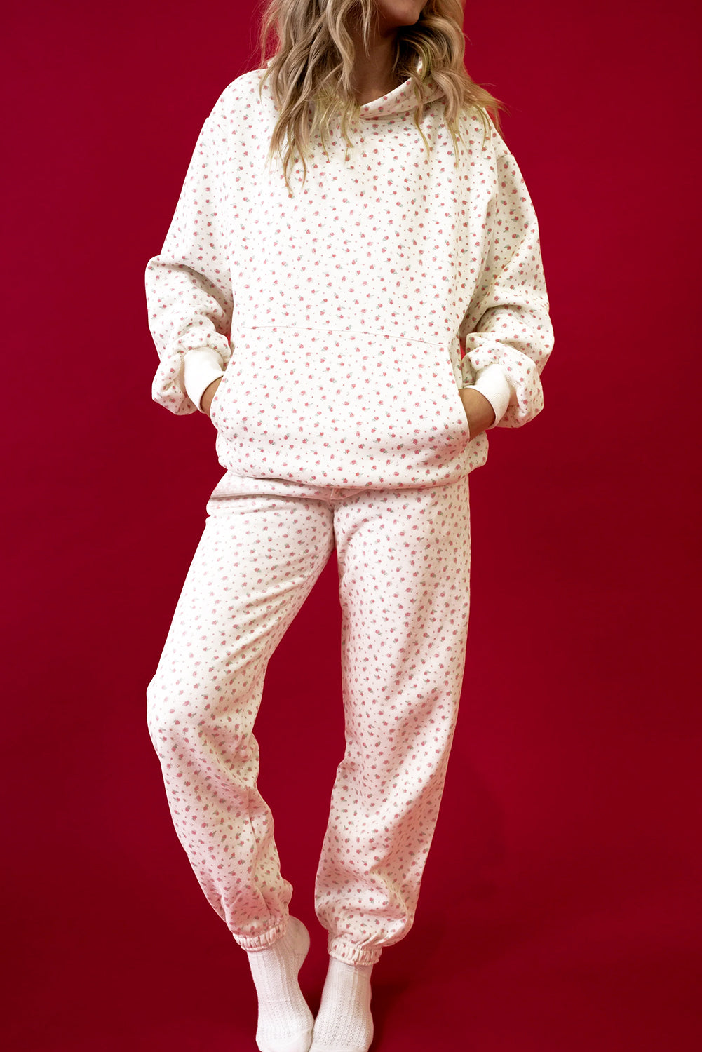 Pink Floral Kangaroo Pocket Hoodie Pants Set