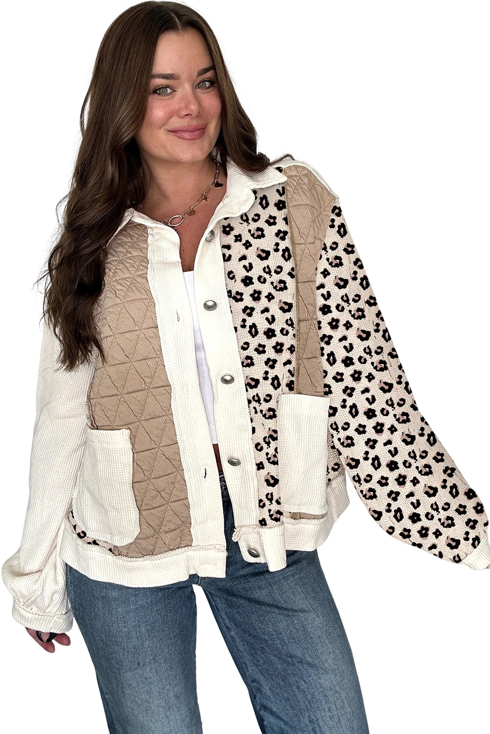 Khaki Leopard Waffle Quilted Patchwork Button Front Jacket