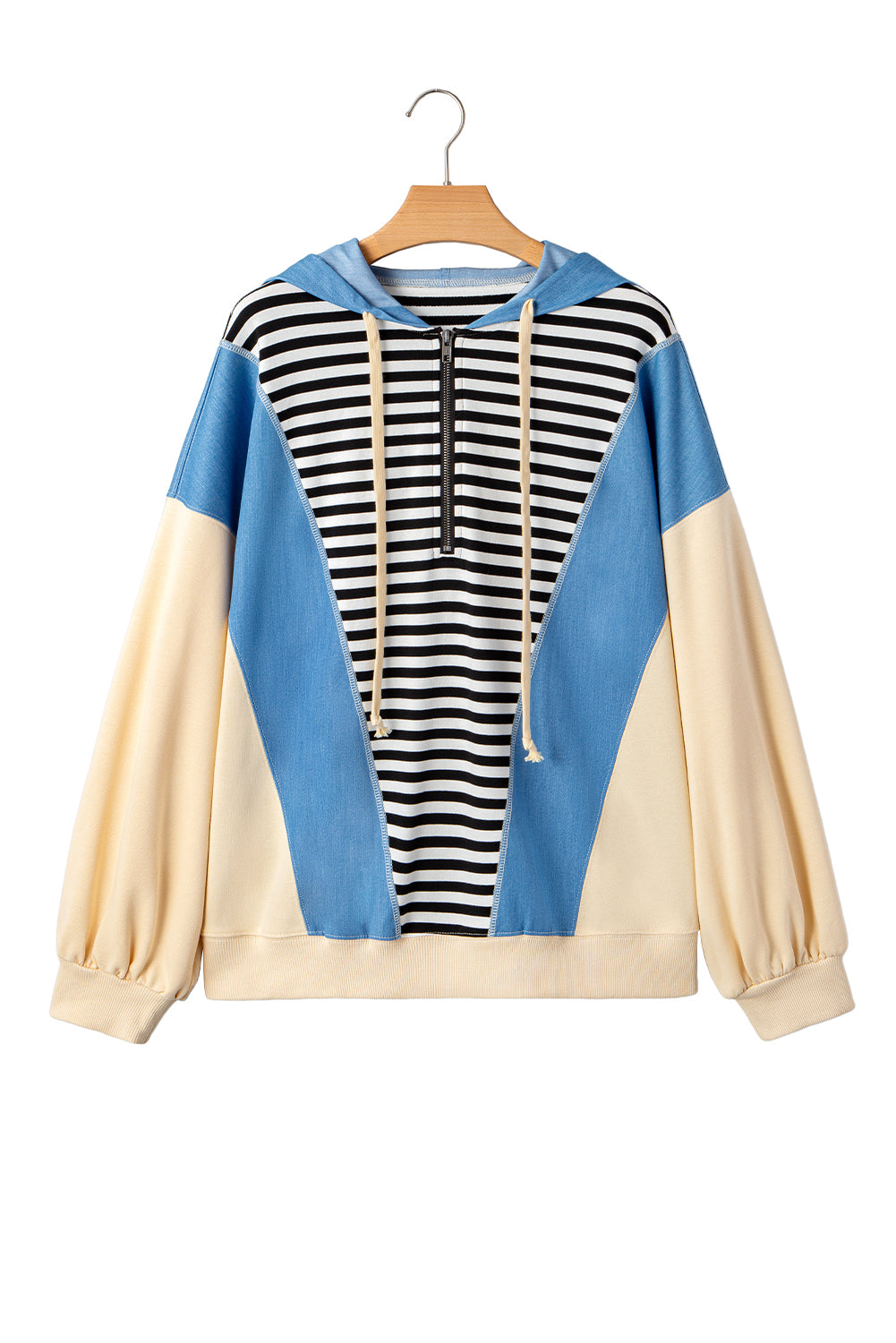 Black Stripe Denim Color Block Quarter Zip Baggy Drawstring Hoodie