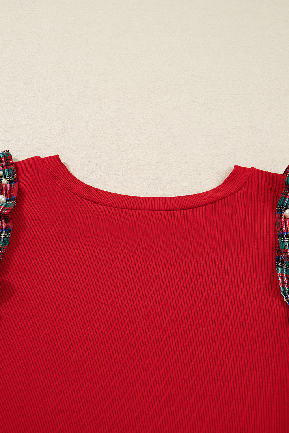 Racing Red Plaid Pearl Ruffled Sleeve Knitted Christmas Holiday Plus Size Top