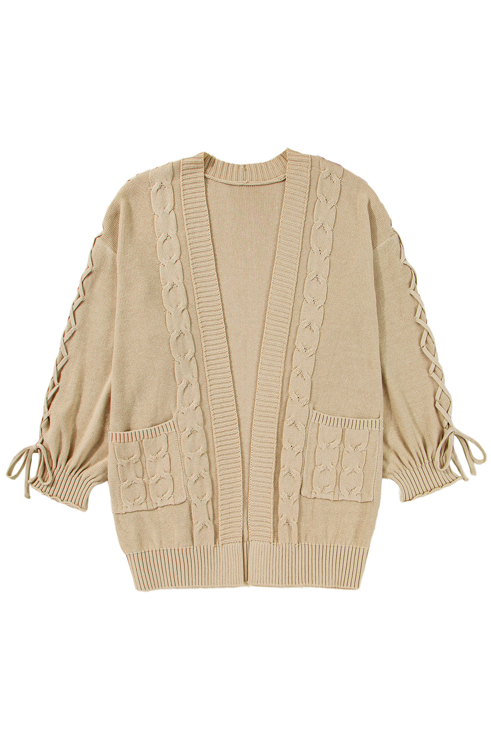 Parchment Cable Knit Braided Tie Sleeve Plus Size Knit Cardigan