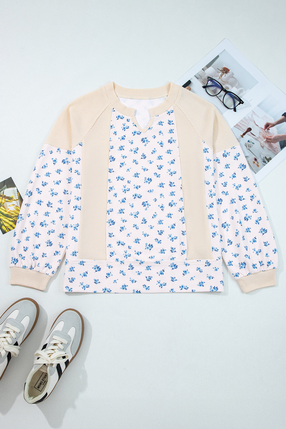 Beige Floral Print Waffle Patchwork Balloon Sleeve V Neck Oversized Top