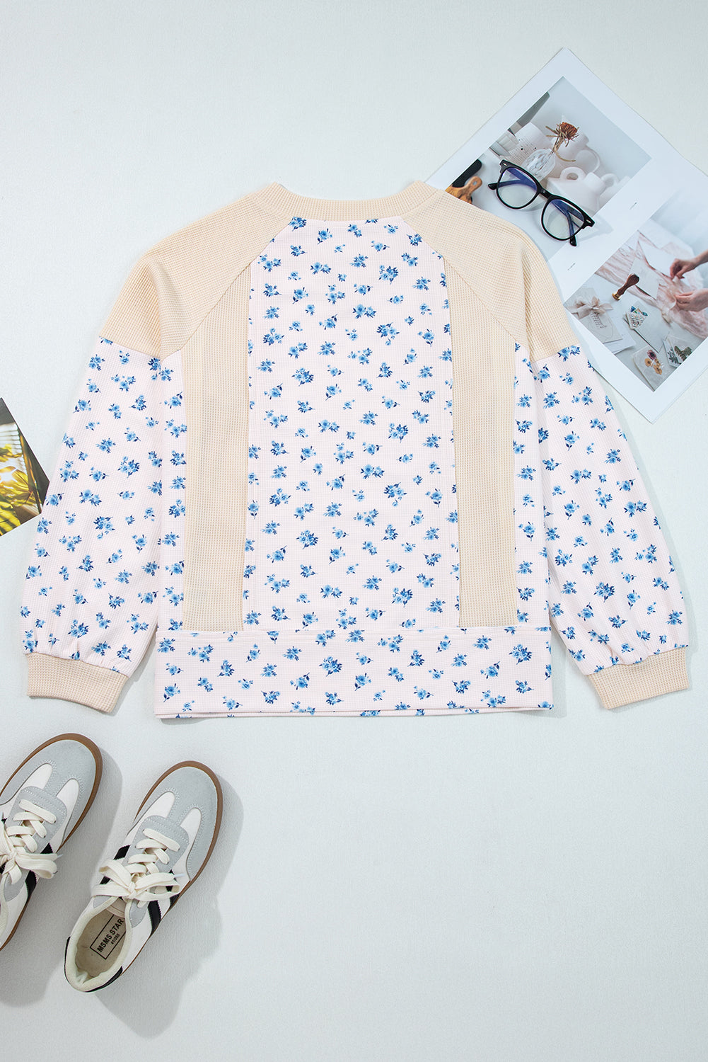 Beige Floral Print Waffle Patchwork Balloon Sleeve V Neck Oversized Top