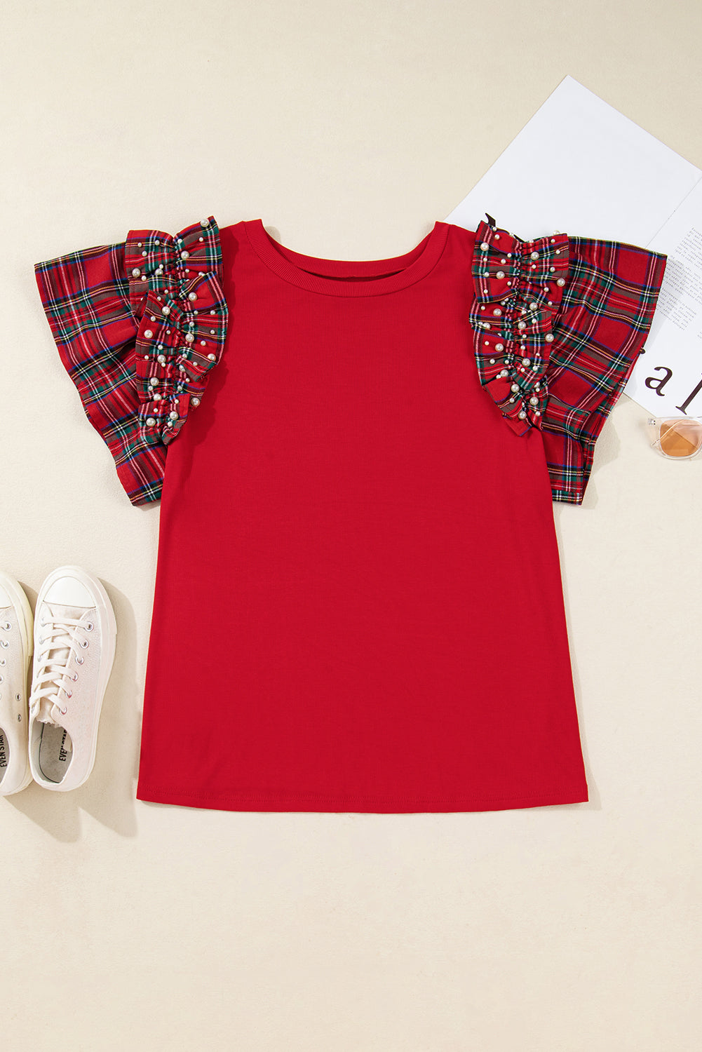 Racing Red Plaid Pearl Ruffled Sleeve Knitted Christmas Holiday Plus Size Top