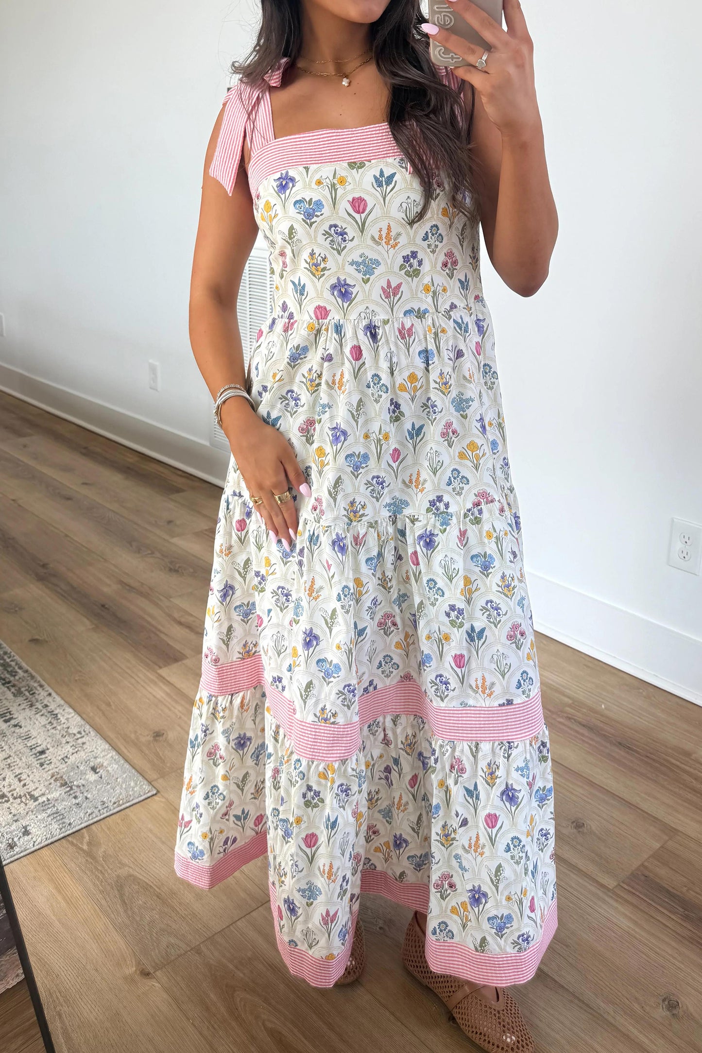 Multicolour Floral Print Striped Detail Knot Straps Maxi Dress