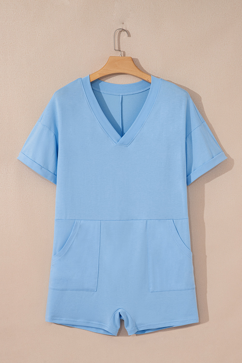 Myosotis Loose Half Sleeve V Neck Plain Romper