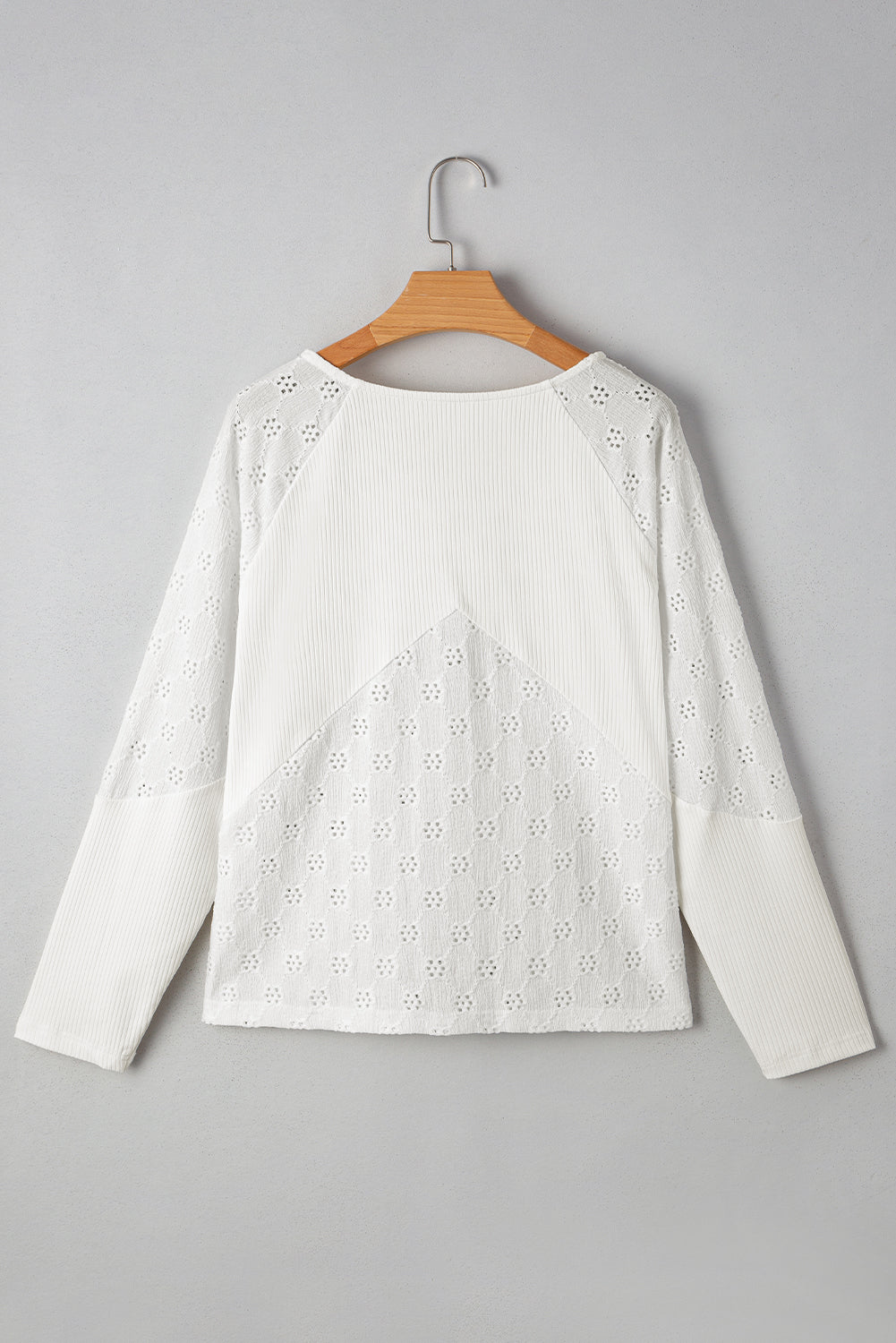 White Twisted Rib Patchwork Floral Embroidered Loose Long Sleeve Top