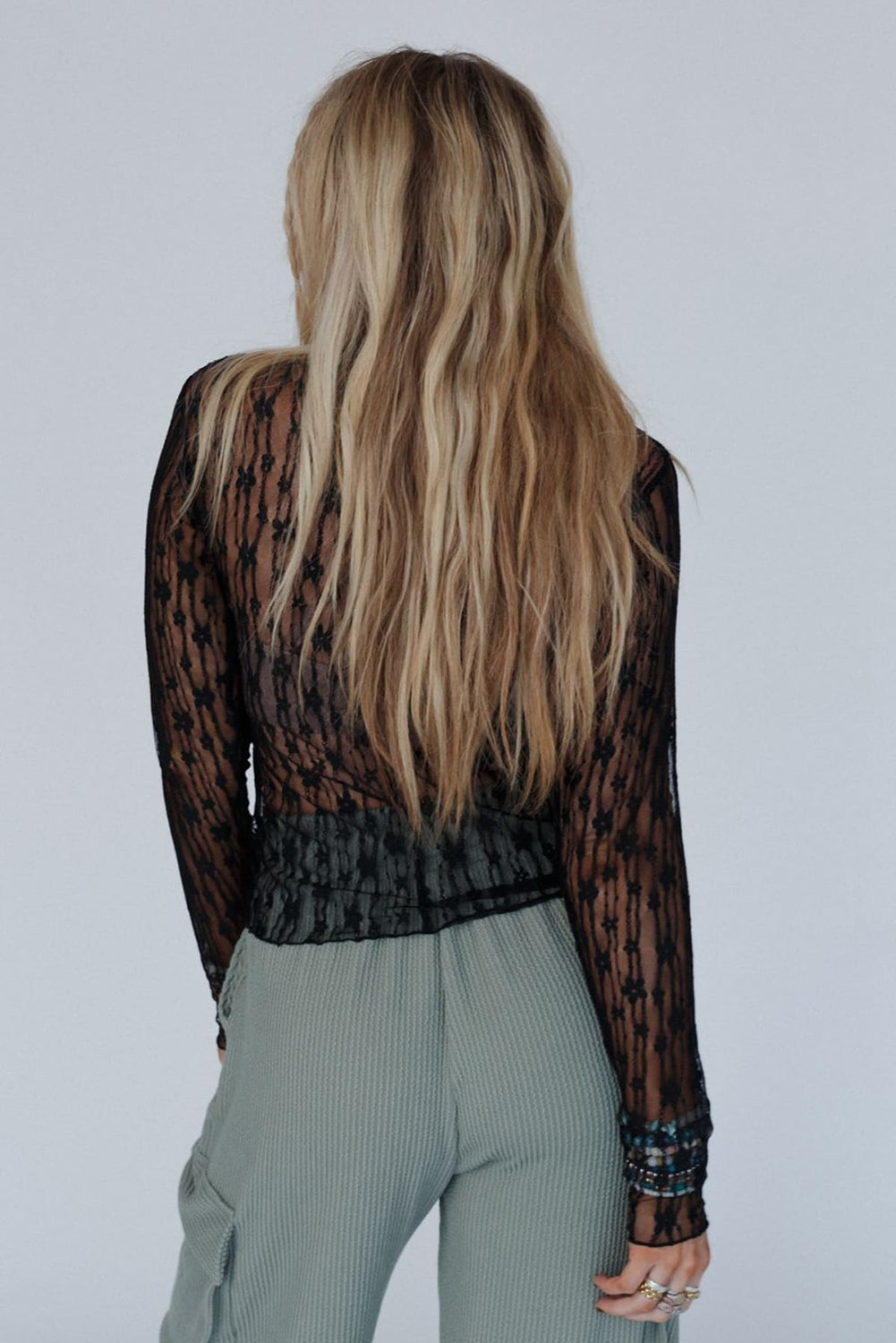 Ashleigh Blue Sheer Floral Lace Long Sleeve Slim Fit Top