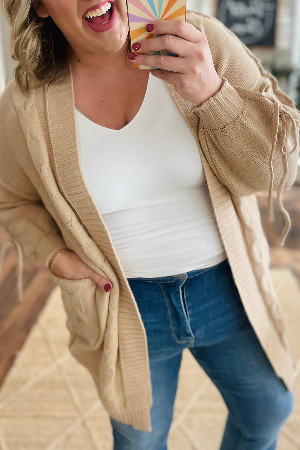Parchment Cable Knit Braided Tie Sleeve Plus Size Knit Cardigan