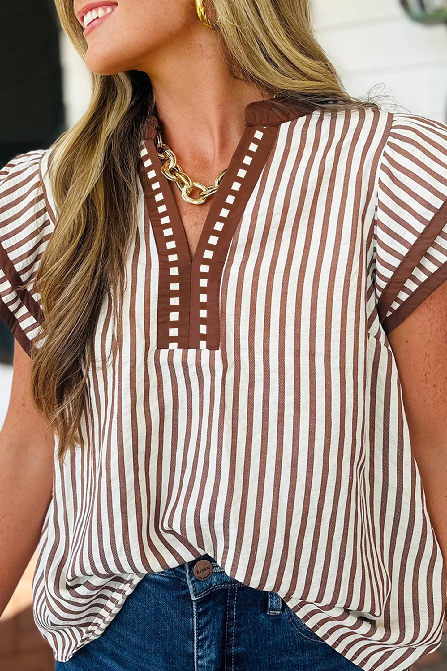 Black Stripe Double Ruffled Short Sleeve V Neck Blouse