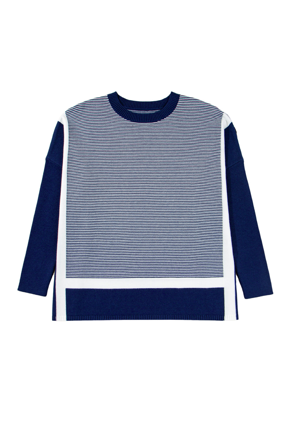 Blue Striped Colorblock Patchwork Dolman Oversize Tunic Sweater