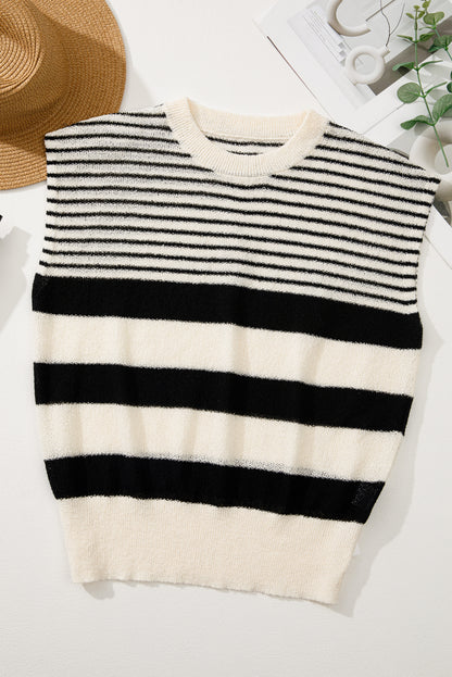 Black White Striped Sleeveless Knit Top