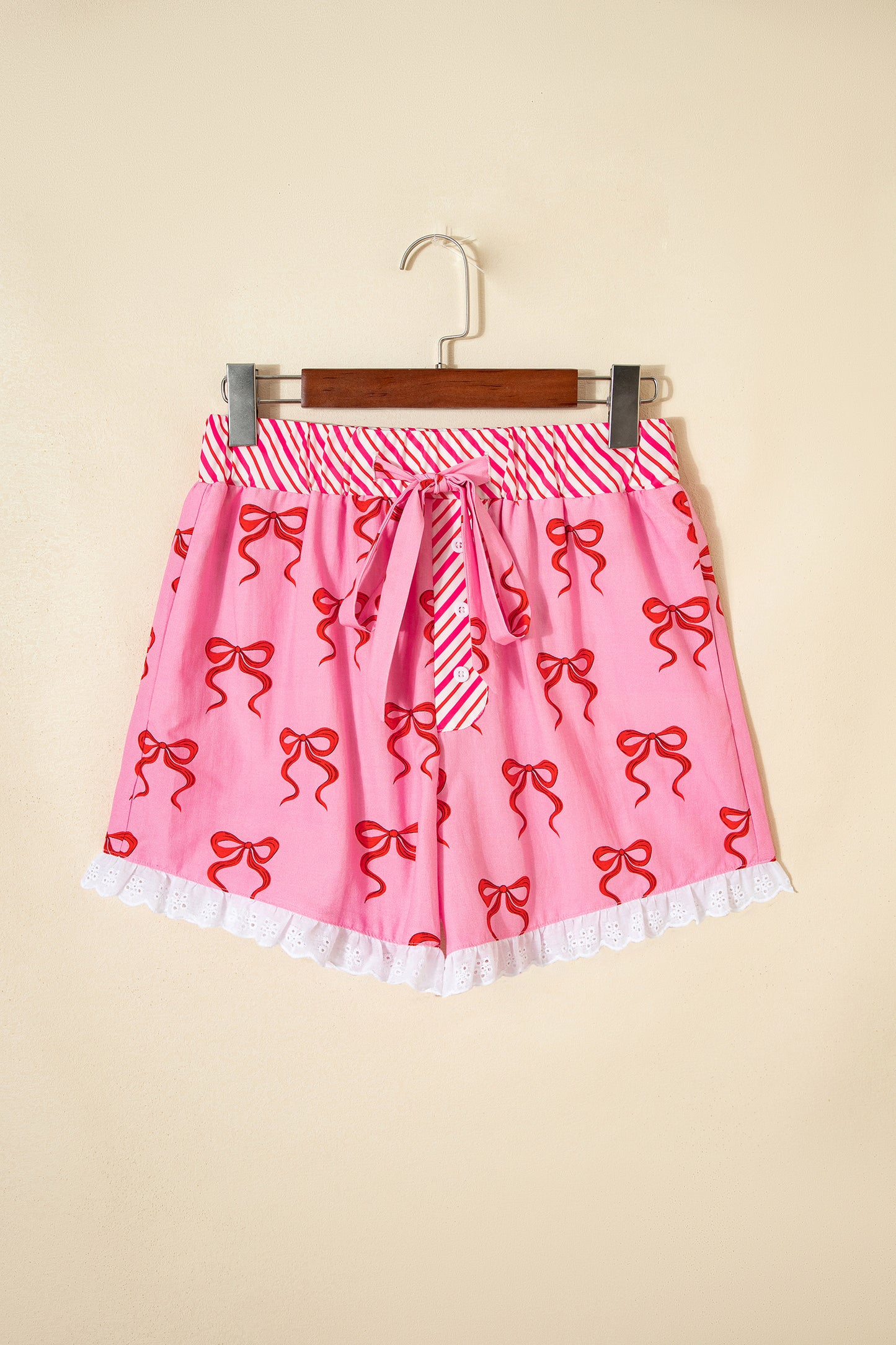 Pink Bow Print Striped Patchwork Elastic Waist Lace Trim Loose Shorts