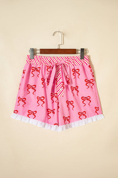 Pink Bow Print Striped Patchwork Elastic Waist Lace Trim Loose Shorts
