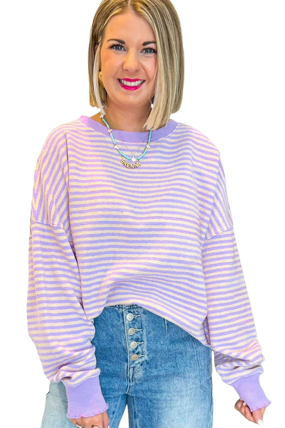 Black Stripe Drop Shoulder Long Sleeve Top