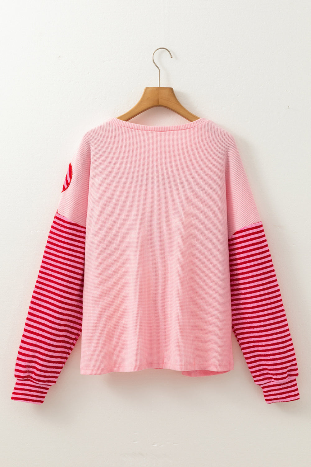 Pink Floral Colorblock Striped Sleeve Crinkle Waffle Patchwork Top