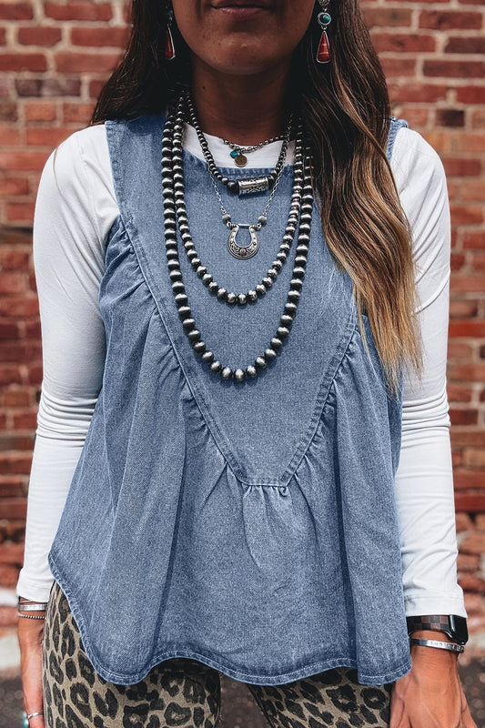 Myosotis Denim Pleated Patchwork Sleeveless Top