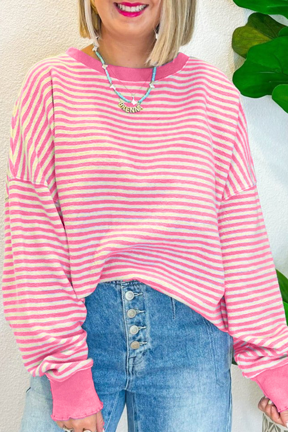 Black Stripe Drop Shoulder Long Sleeve Top