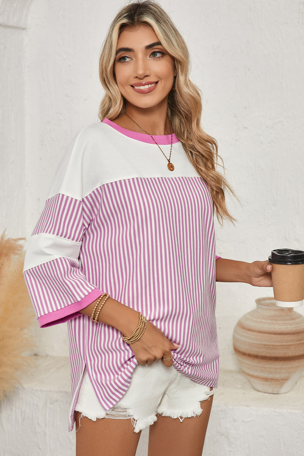 Dark Khaki Striped Patchwork Oversized Tee