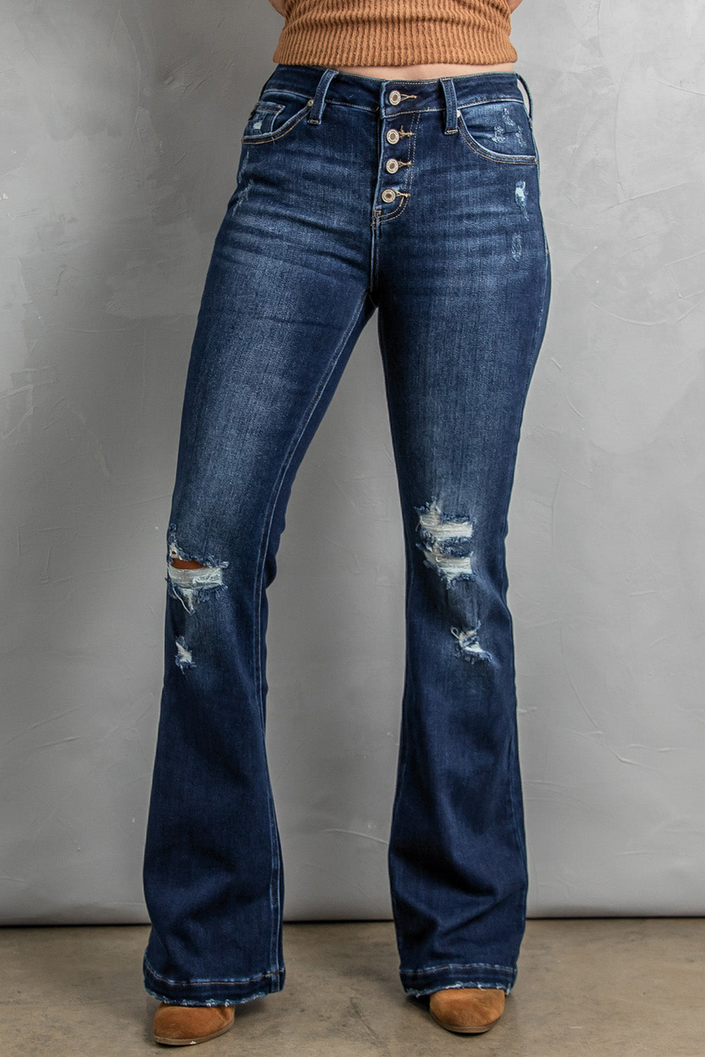 Dark Blue Washed Distressed Flare Bootcut Jeans