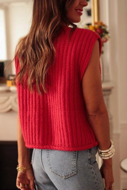 Fiery Red Solid Textured Knit Side Pockets Buttoned Sweater Vest