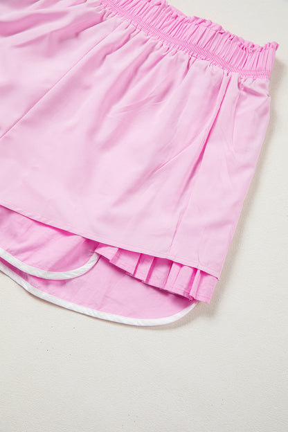 Black Contrast Trim Pleated Casual Active Shorts