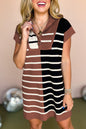 Brown Stripe Color Block Short Sleeve Quarter Zip Mini Dress