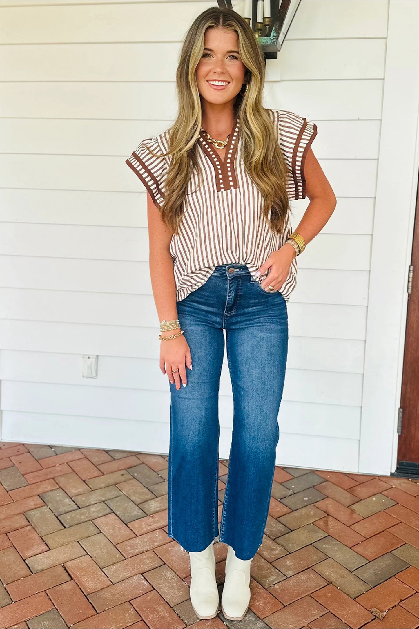 Black Stripe Double Ruffled Short Sleeve V Neck Blouse