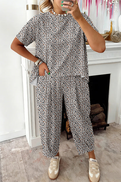 Brown Leopard Loose Tee Drawstring Waist Barrel Pants Set