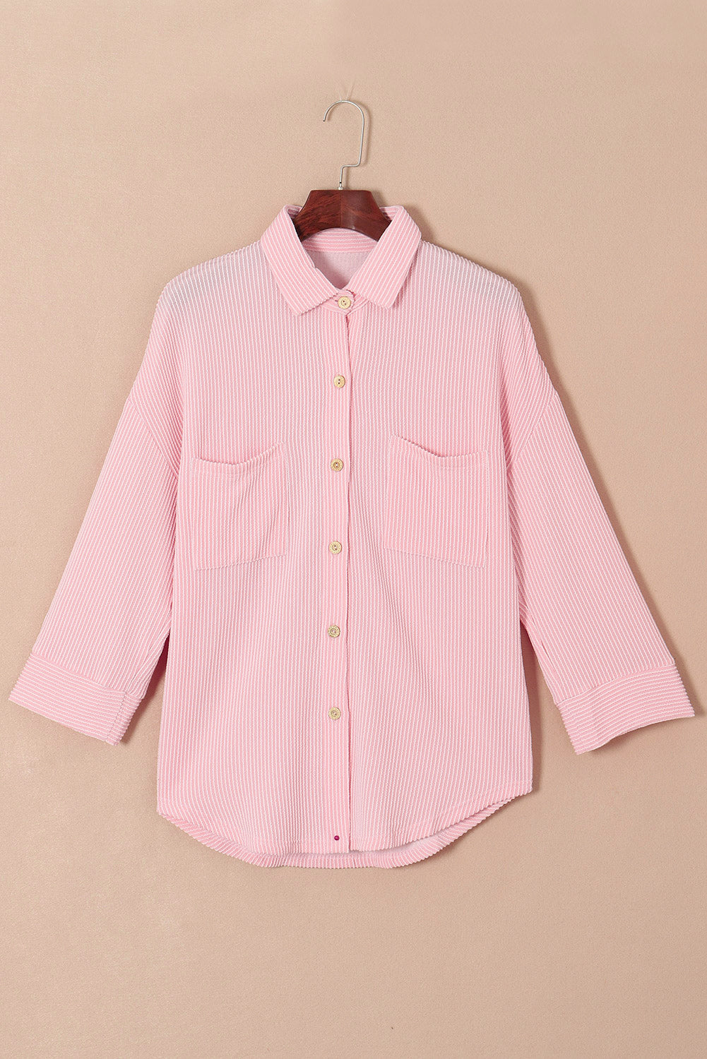 Pink Solid Color Textured Roll Tab Sleeve Shirt Shacket