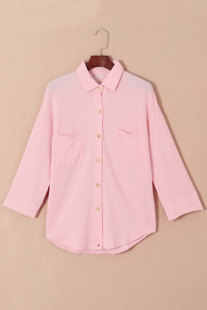 Pink Solid Color Textured Roll Tab Sleeve Shirt Shacket