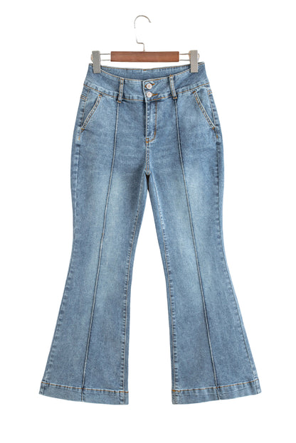 Dusk Blue Buttoned High Waist Piping Trim Flared Jeans
