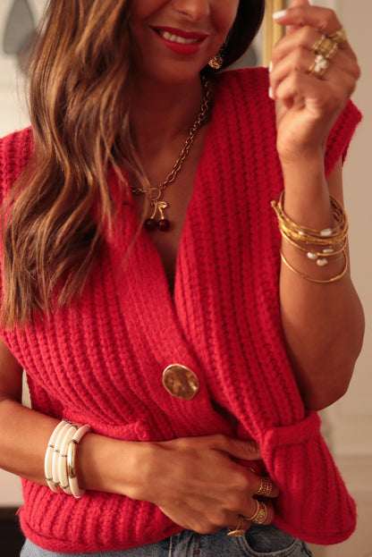 Fiery Red Solid Textured Knit Side Pockets Buttoned Sweater Vest