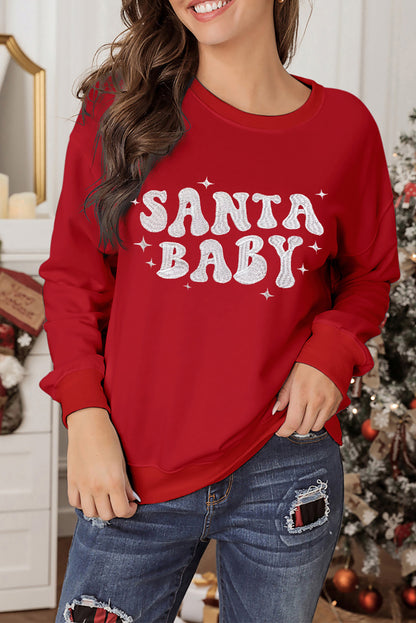 Red SANTA BABY Embroidered Crewneck Christmas Sweatshirt