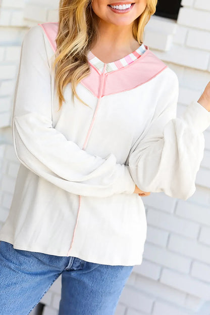 White Rainbow Striped V Neck Colorblock French Terry Top