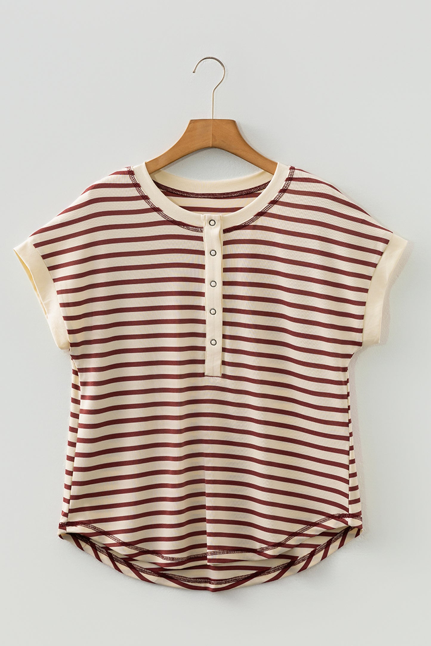 Khaki Stripe Half Buttons Round Neck T Shirt