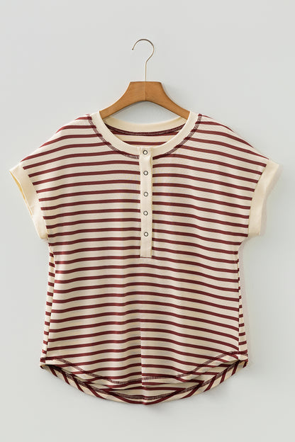 Khaki Stripe Half Buttons Round Neck T Shirt