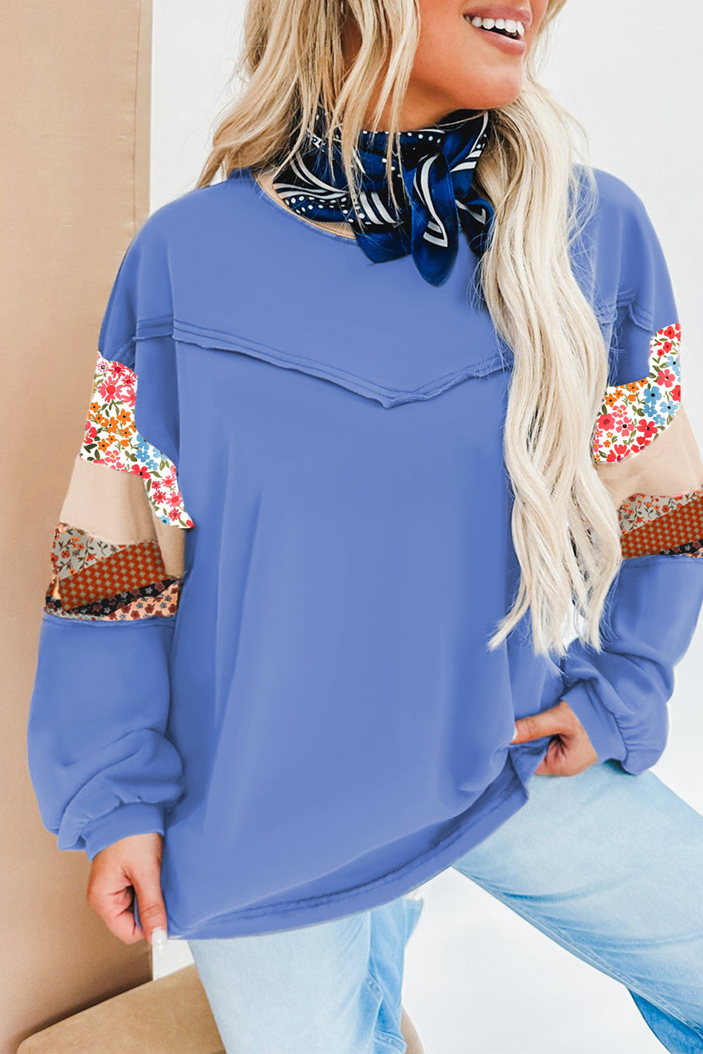 Blue Exposed Seam Floral Mixed Patchwork Plus Size Top