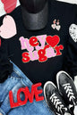 Black Chenille Heart hey sugar Patched Pattern Valentines Pullover Sweatshirt