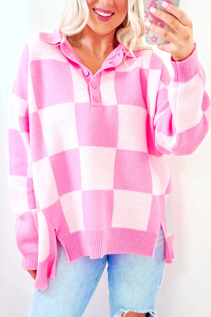 Pink Checkered Button Collared Sweater