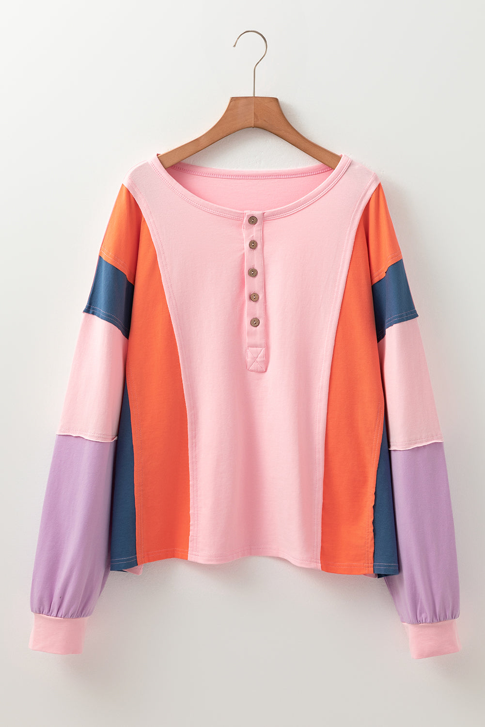 Pink Colorblock Long Sleeve Buttons Henley Top